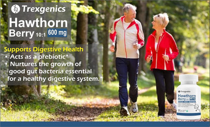 Couple walking outdoors with Trexegenics Hawthorn Berry supplement bottle displayed.
