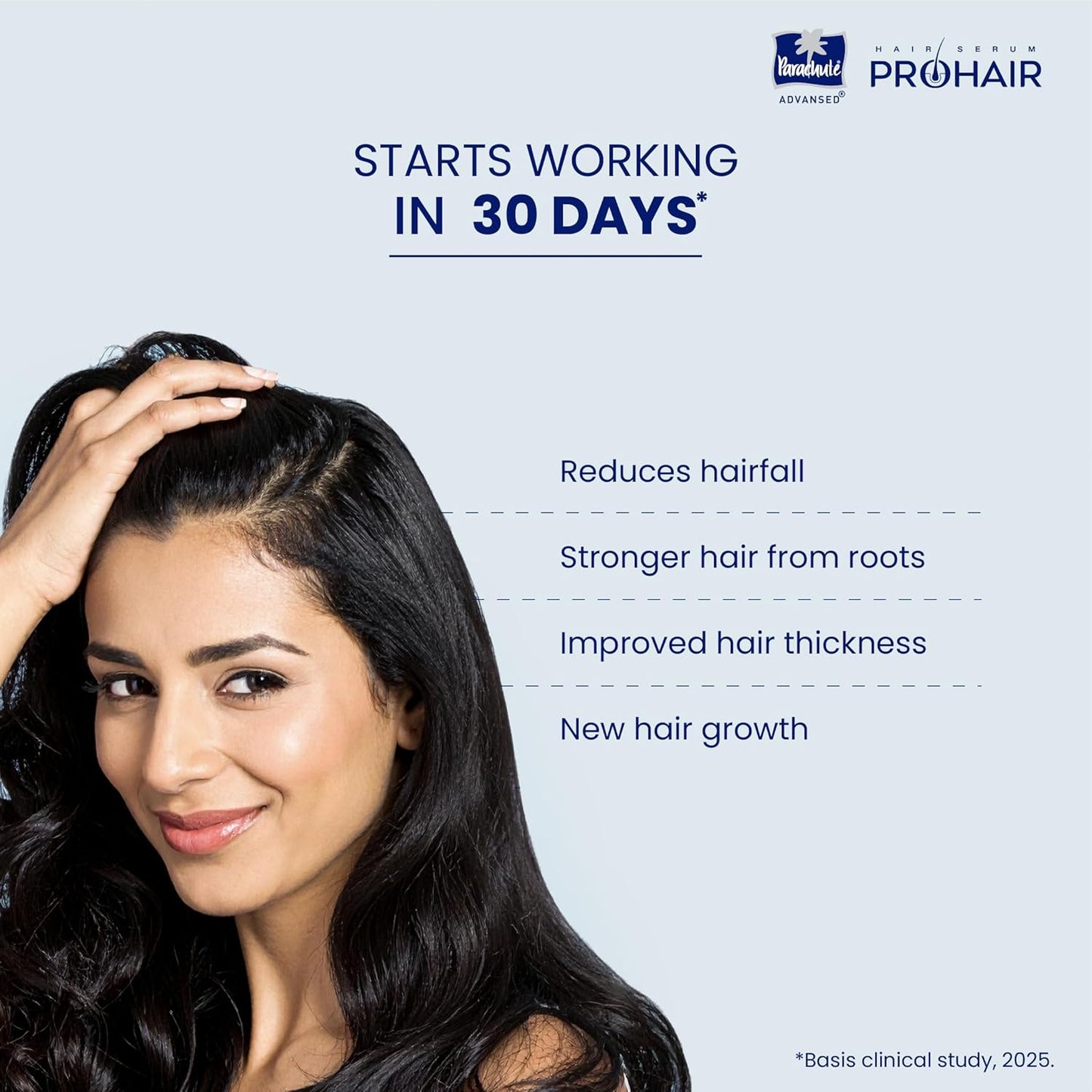 Advertisement for ProHair hair care product showing a woman with long, healthy hair against a light blue background.