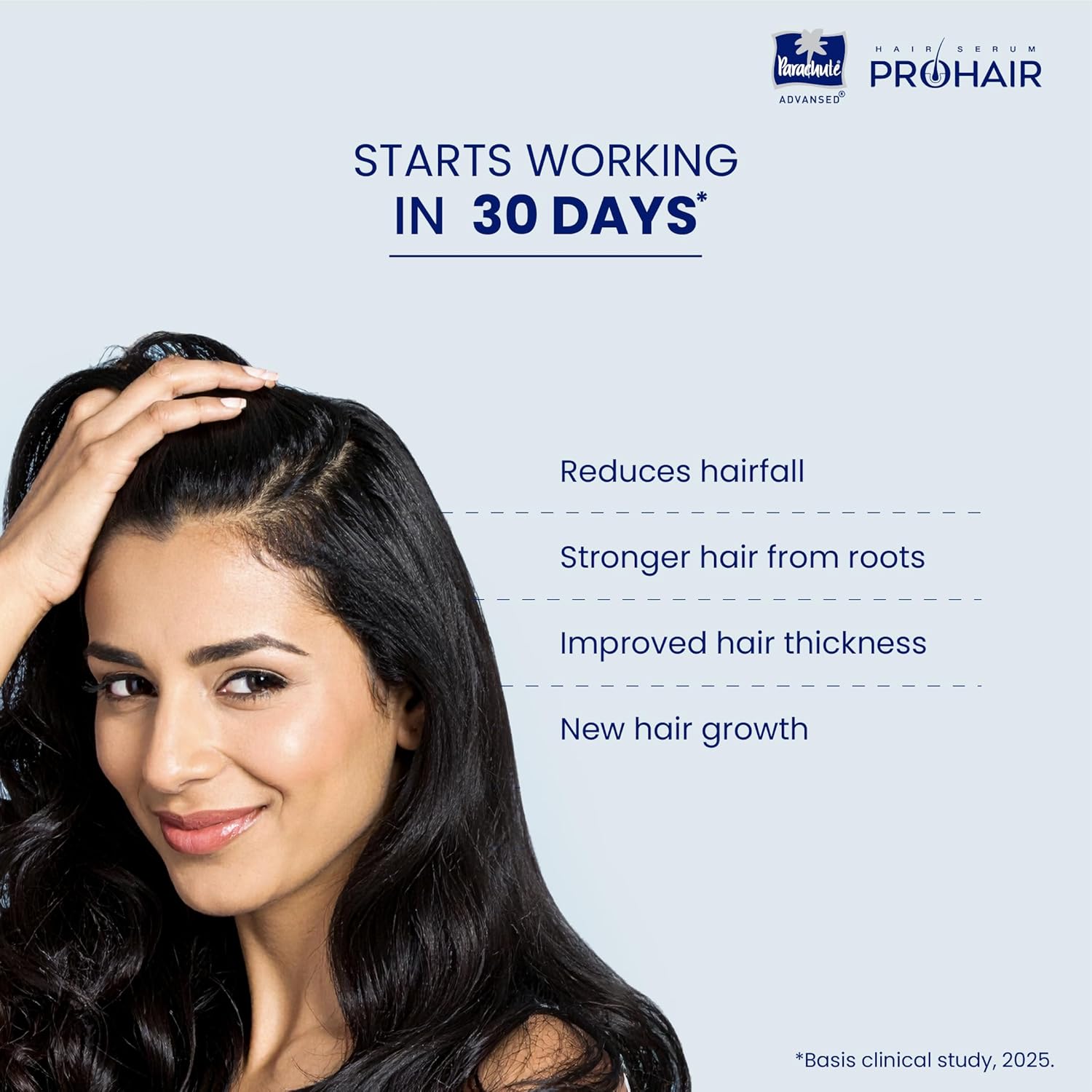 Advertisement for ProHair hair care product showing a woman with long, healthy hair against a light blue background.