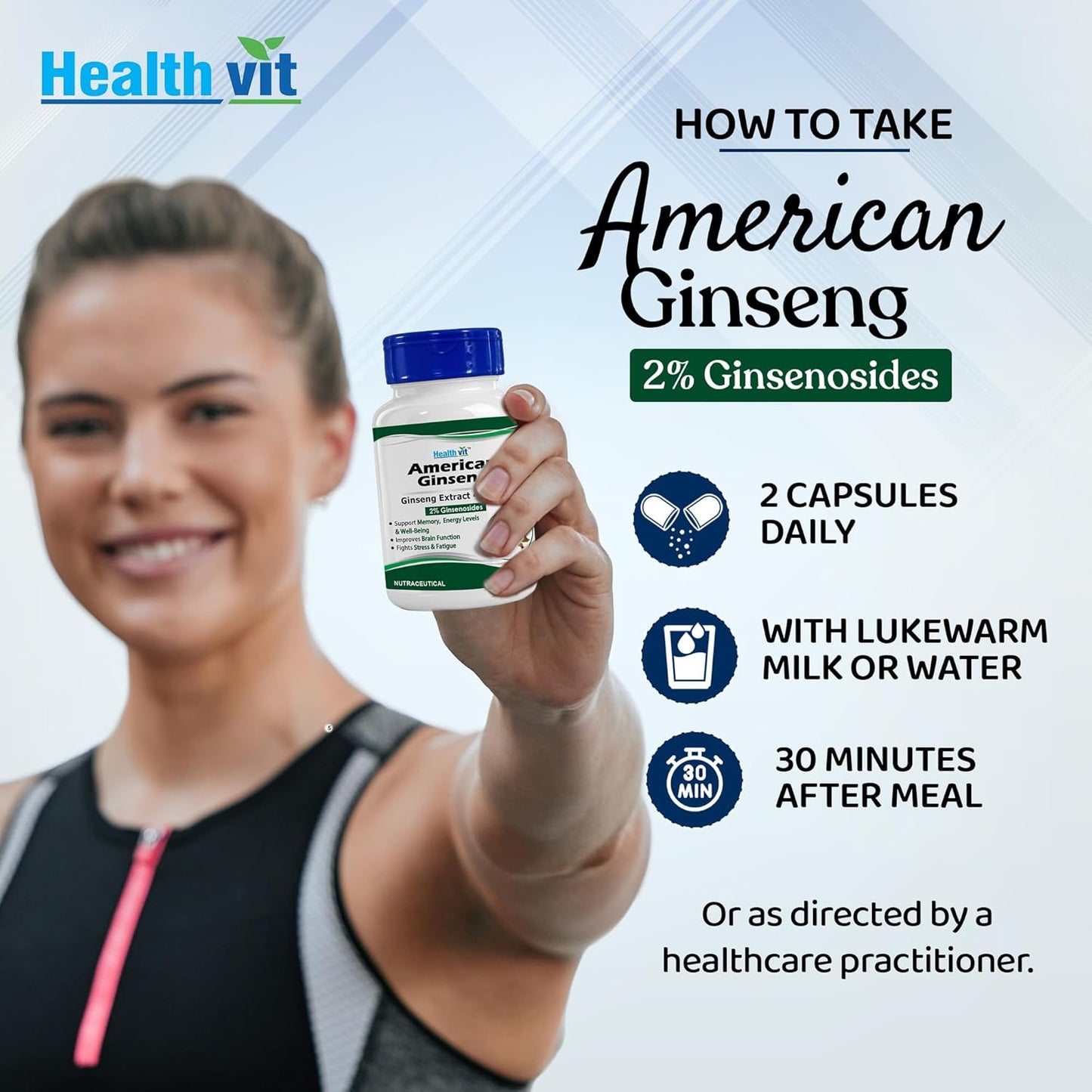Woman holding a bottle of Healthvit American Ginseng with usage instructions on a light blue background