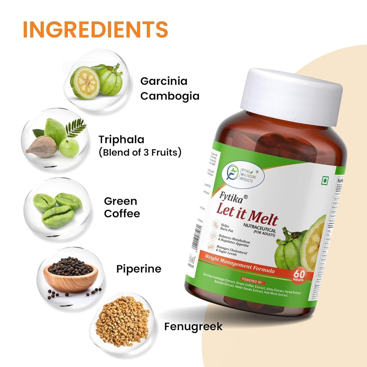 Fytika Let it Melt supplement bottle with ingredients displayed on a beige background