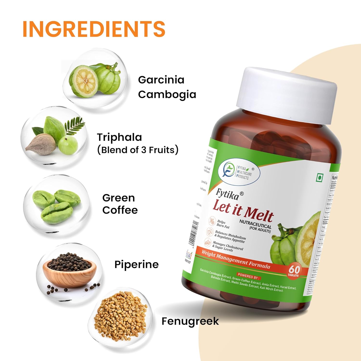 Fytika Let it Melt supplement bottle with ingredients displayed on a beige background