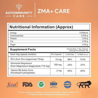 Autoimmunity Care ZMA+ Care | Zinc Magnesium Supplement with Vitamin B6 | Supports Sleep, Muscle Recovery, Brain Health, Immunity & Stress Relief | ZMA Supplement for Men & Women | 60 Caps (30 doses)