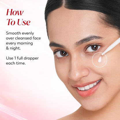 Woman applying skincare product with text on how to use it