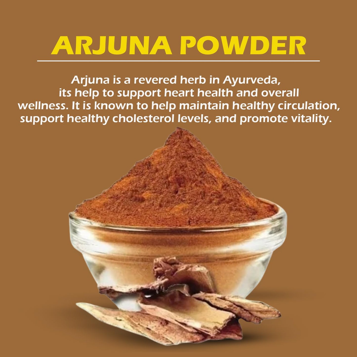 Glass bowl filled with arjuna powder on a brown background with text about arjuna powder.