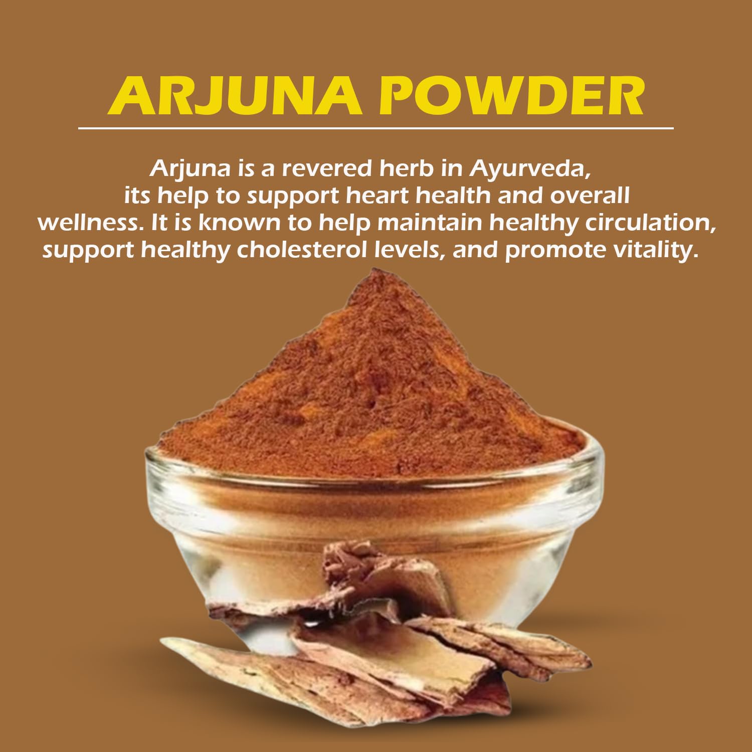 Glass bowl filled with arjuna powder on a brown background with text about arjuna powder.