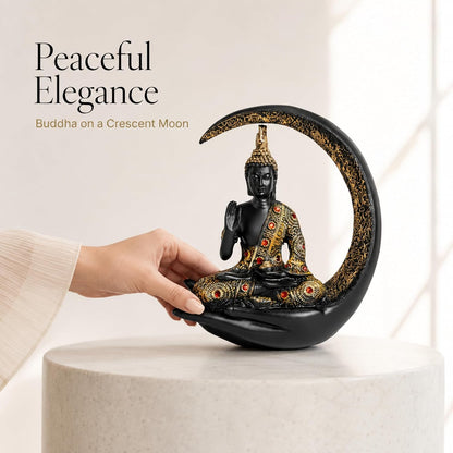 10 Inch 3D Meditating Buddha Statue with Crescent Moon | Black Resin Buddha Idol for Home Decor, Living Room, Office Desk & Gift | Lucky Spiritual Decorative Showpiece