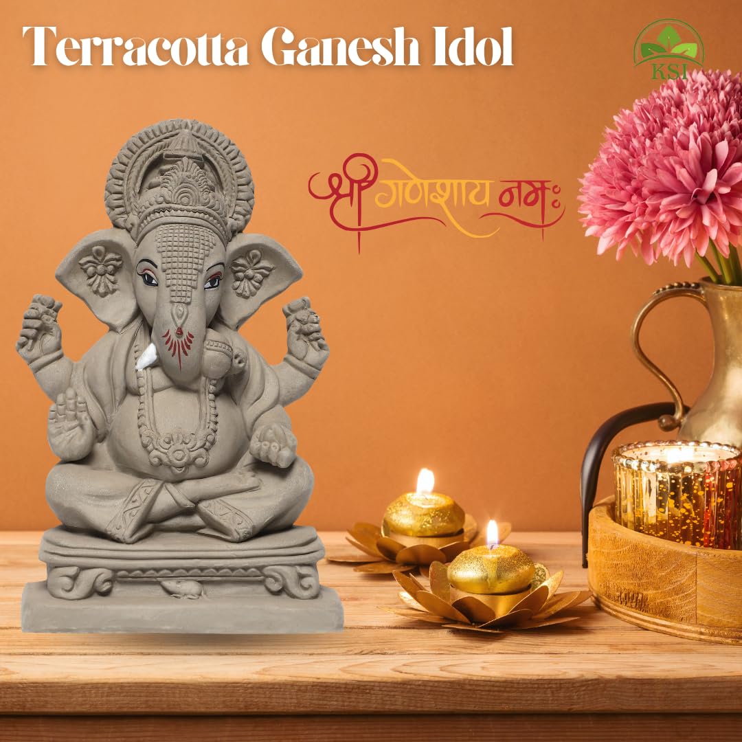 KSI Clay Eco Friendly Ganesha Idol, Ganpati Murti for Home Visarjan, Water Soluble Ganpati Idol (9 Inches, Ekdant Dagdusheth Ganesh Mukut), Beige