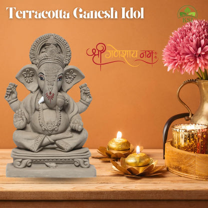 KSI Clay Eco Friendly Ganesha Idol, Ganpati Murti for Home Visarjan, Water Soluble Ganpati Idol (9 Inches, Ekdant Dagdusheth Ganesh Mukut), Beige