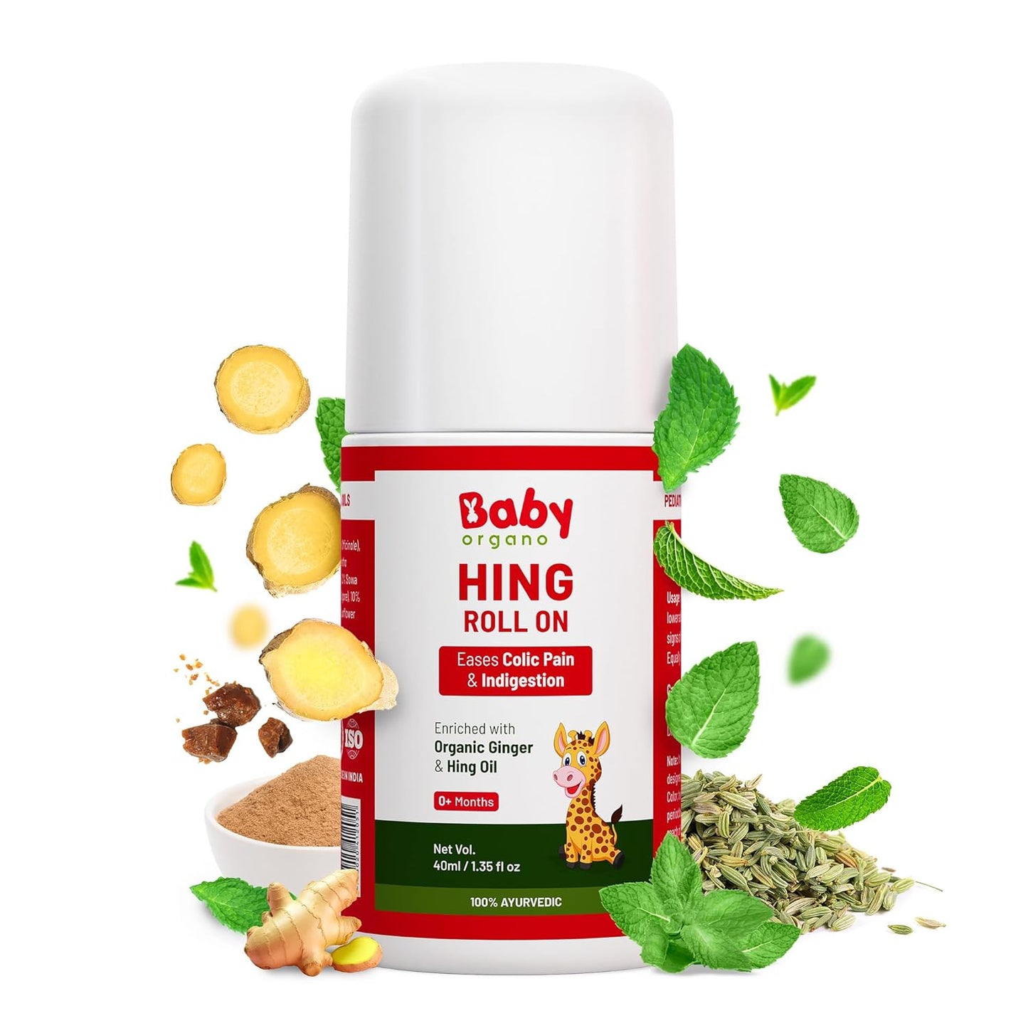 BabyOrgano Colic Hing Tummy Roll On for Babies 0+ Months | Colic, Gas, Constipation & Indigestion Relief | Hing, Sowa, Fennel & Ginger Oil | 100% Ayurvedic | Petroleum-Free & Alcohol-Free | 40ml ( Pack of 1)