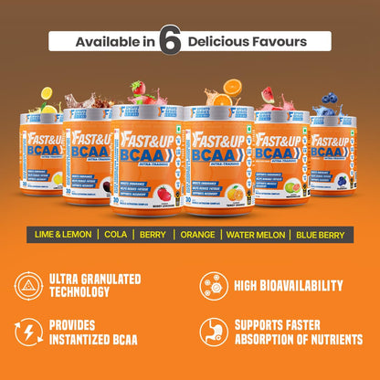 FAST&UP BCAA Watermelon Flavour Advanced BCAA Supplement with Glutamine, Citrulline, L-Arginine & Taurine - Pre/Post Workout & Intra Workout Supplement Powder for Adults(450gm, 30 Servings)