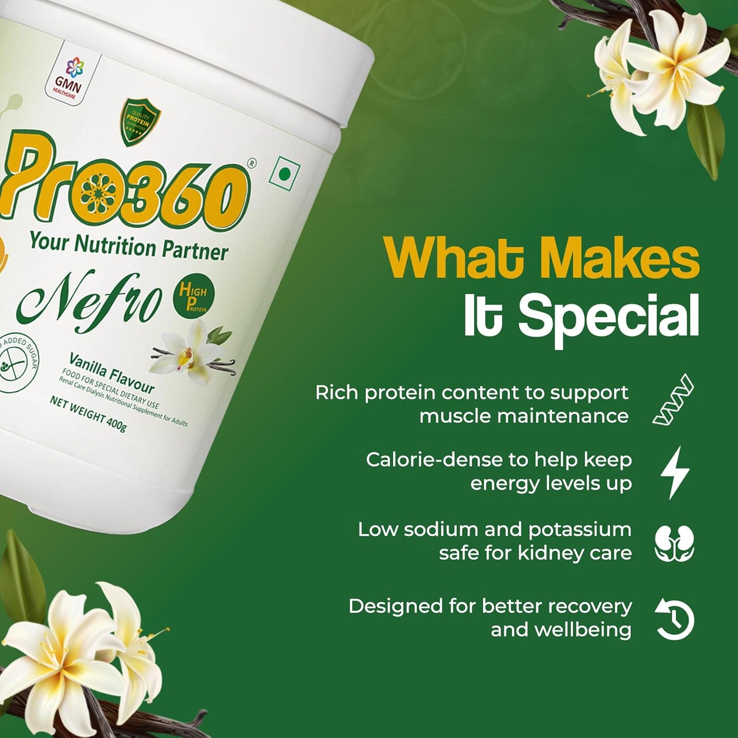 Pro360 Nefro HP Powder – Vanilla Flavour, 400g – High Protein Dialysis Care Nutritional Supplement for Renal Support – Vanilla Protein Powder with L-Taurine, L-Carnitine & Essential Nutrients