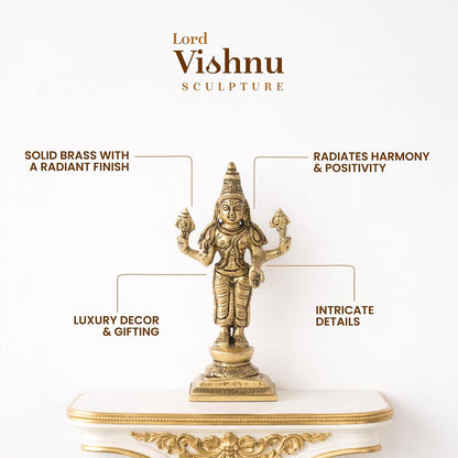 Brass Lord Vishnu Ji Idol | Handcrafted Vishnu Murti for Home Temple & Pooja Room (Design01: L5 x W4 x H11 cm)
