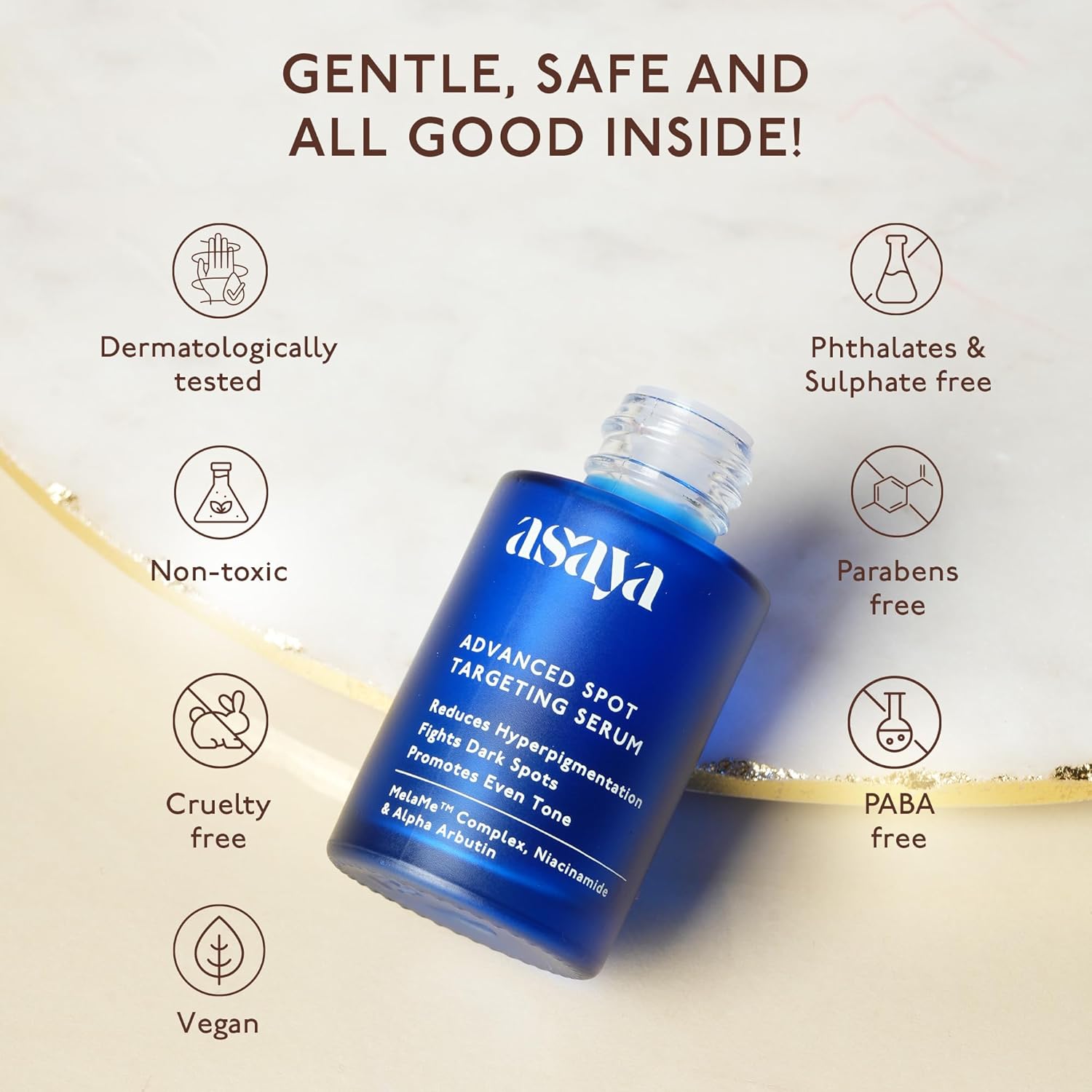 Blue serum bottle with 'asaya' branding on a light background with product features listed.