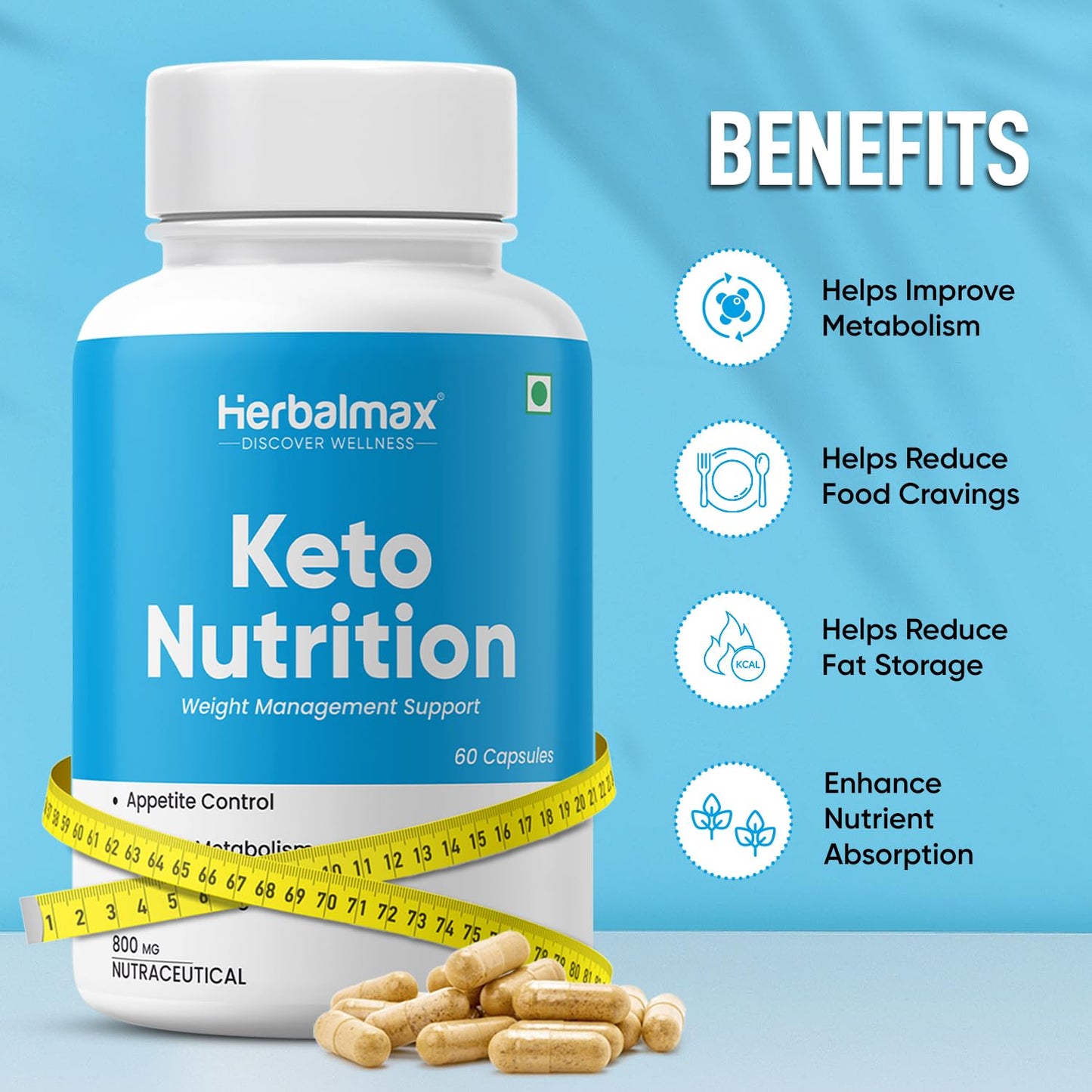 Herbal Max Keto Nutrition Weight Management | Supports Effective Weight Loss, Fat Burning, Belly Fat Reduction, Ketosis & Energy Boost – 60 Veg Capsules | For Men & Women