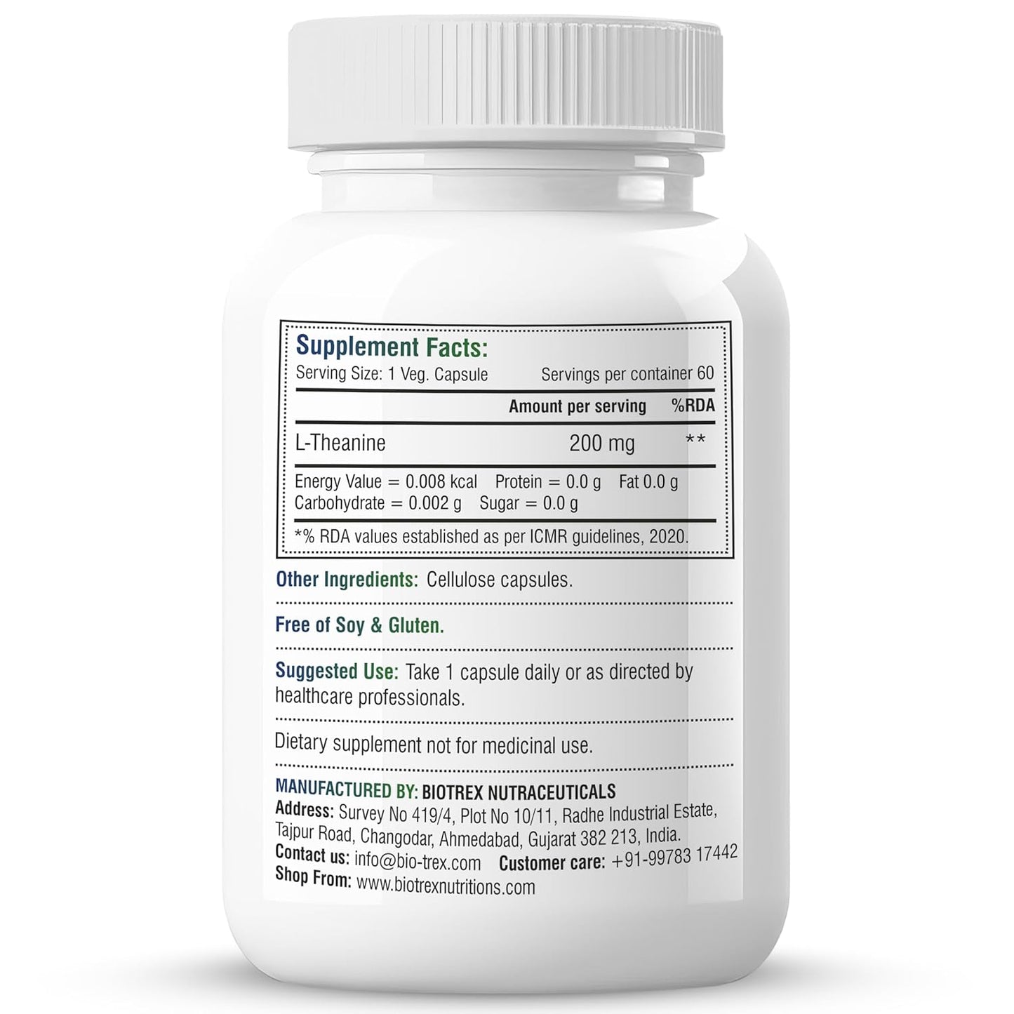 Biotrex Nutraceuticals L-Theanine 200mg Double Strength, Non-Drowsy Support | Helps Cognitive Health & Relaxation - 60 Veg Capsules