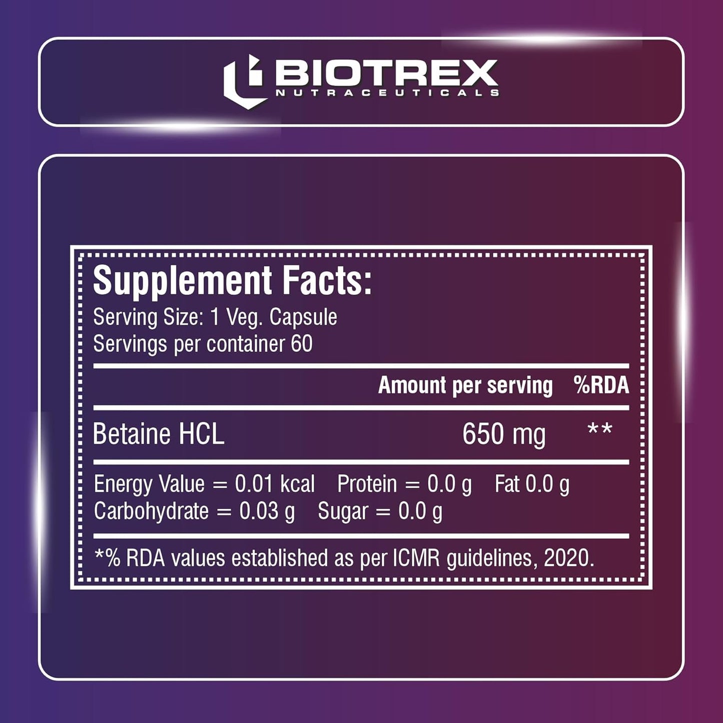 Biotrex Nutraceuticals Betaine HCL 650mg with Pepsin | Enzyme Support | Gut Health | Water Balance | Supports Nutrient Absorption & Reduces Fat | 60 Veg Capsules