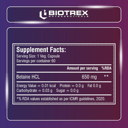Biotrex Nutraceuticals Betaine HCL 650mg with Pepsin | Enzyme Support | Gut Health | Water Balance | Supports Nutrient Absorption & Reduces Fat | 60 Veg Capsules