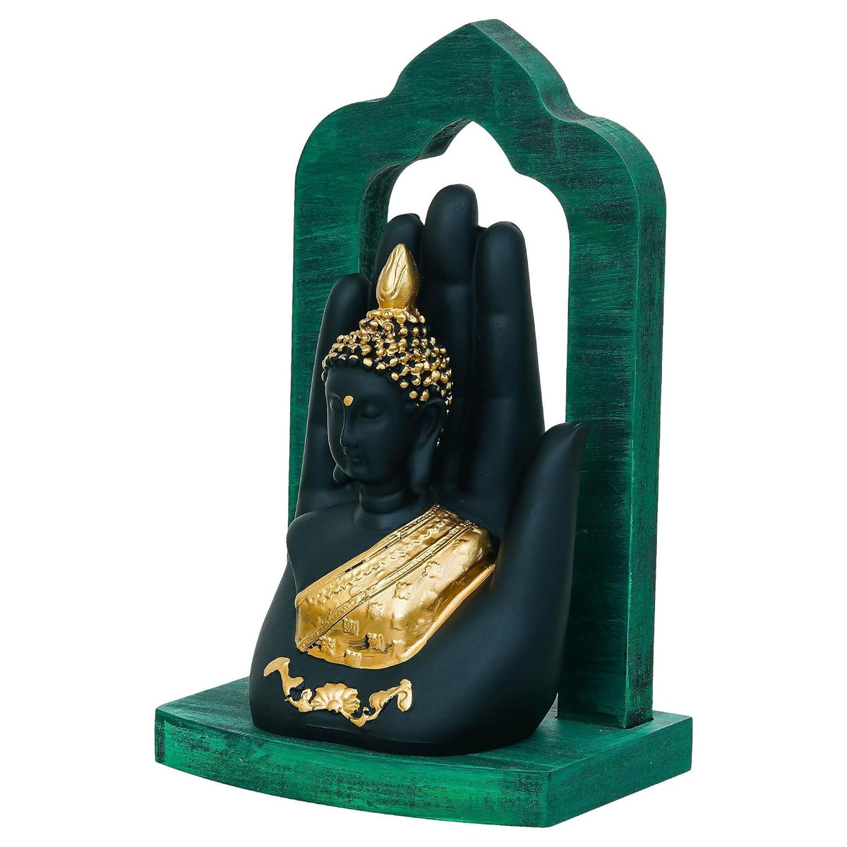 Palm Buddha Statue Showpiece for Home Decor Living Room Office Desk (Green Black Golden)| Lord Buddha Idol Gift for Diwali Buddha Purnima Housewarming Birthday