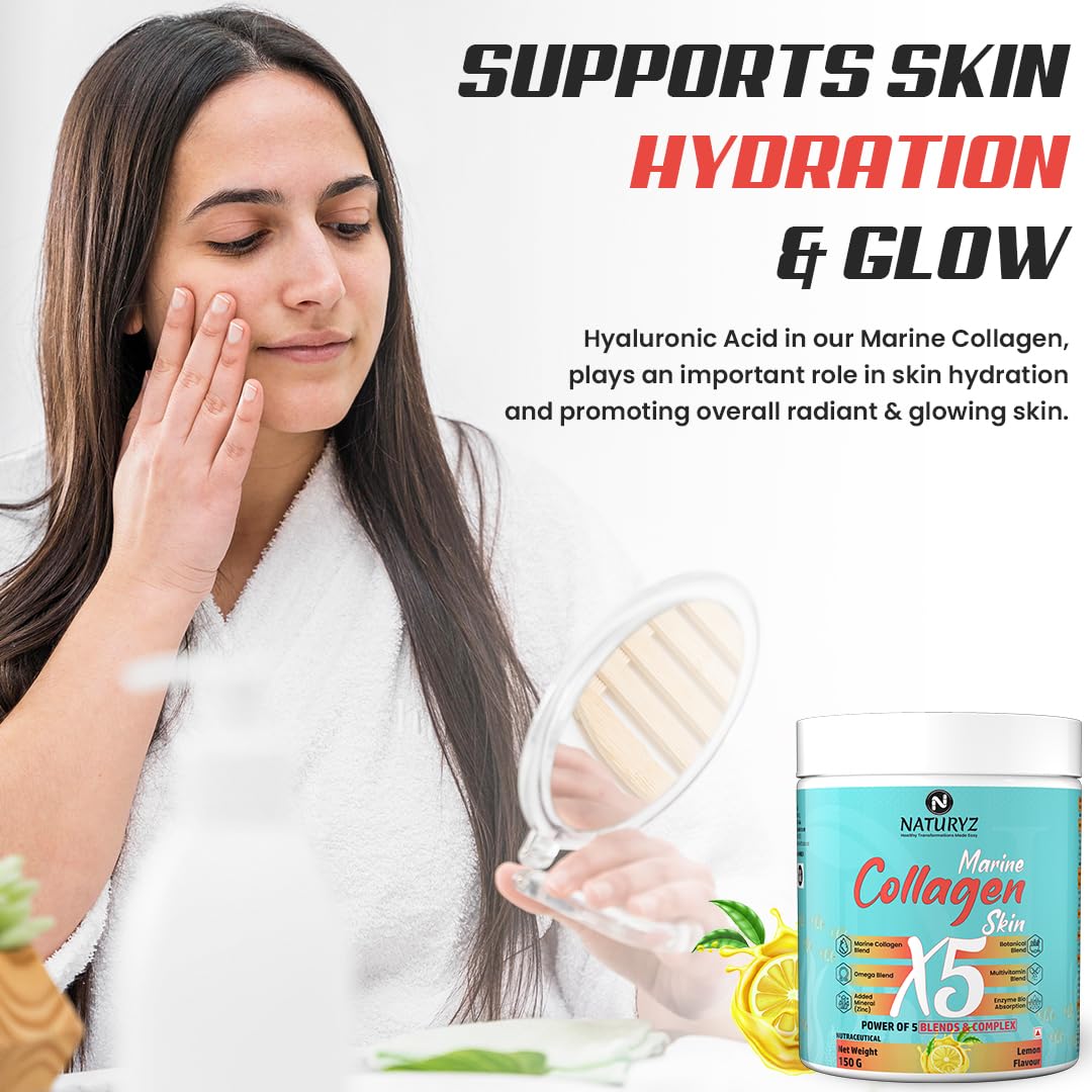 Woman applying cream to her face with a container of Naturez Marine Collagen Skin A5 in the foreground.