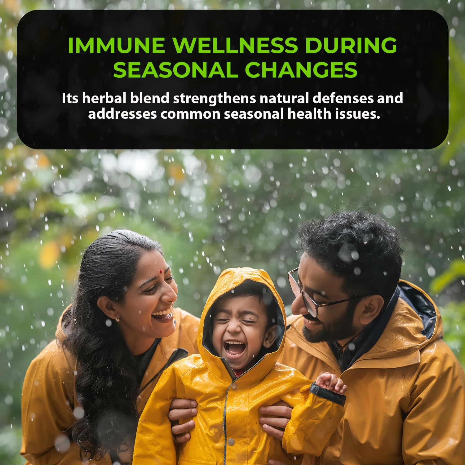 Family in yellow raincoats in a rainy scene with text about immune wellness during seasonal changes.