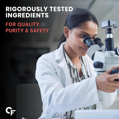 Person in a lab coat using a microscope with text about rigorously tested ingredients.