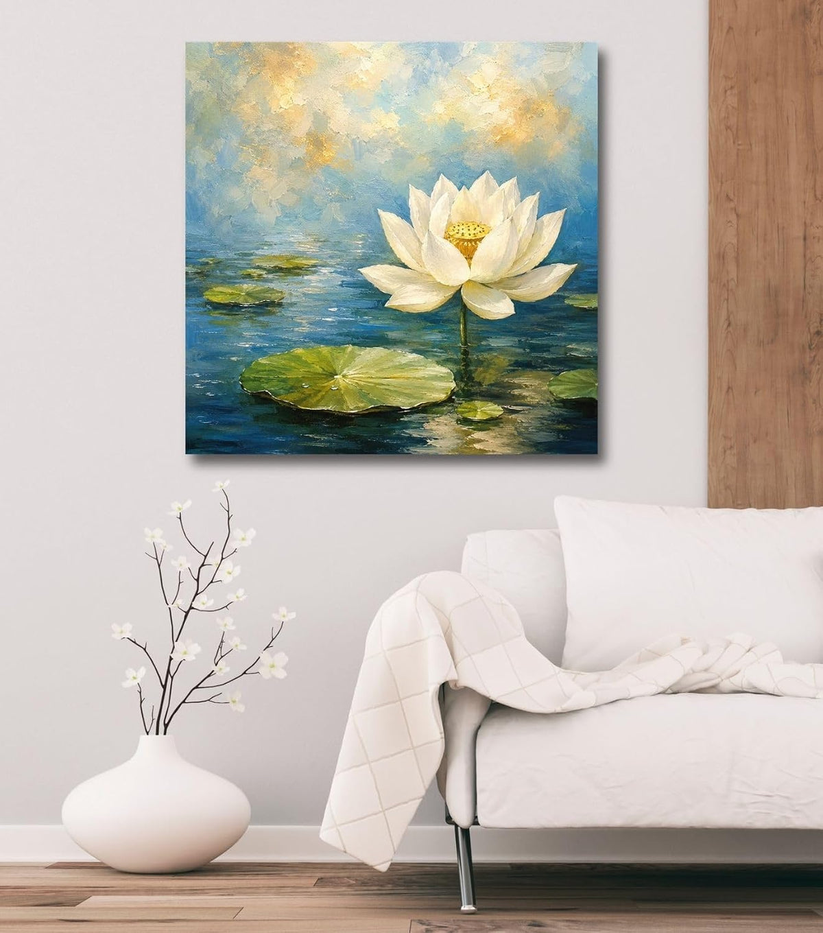 Lotus Flower Painting for Wall Vastu (15+ DESIGNS) Framed Lotus Canvas Painting for Living Room, Bedroom | Nature Floral Wall Art with Multiple Design Variations (White Single Lotus, 18x18 Inch, Framed)