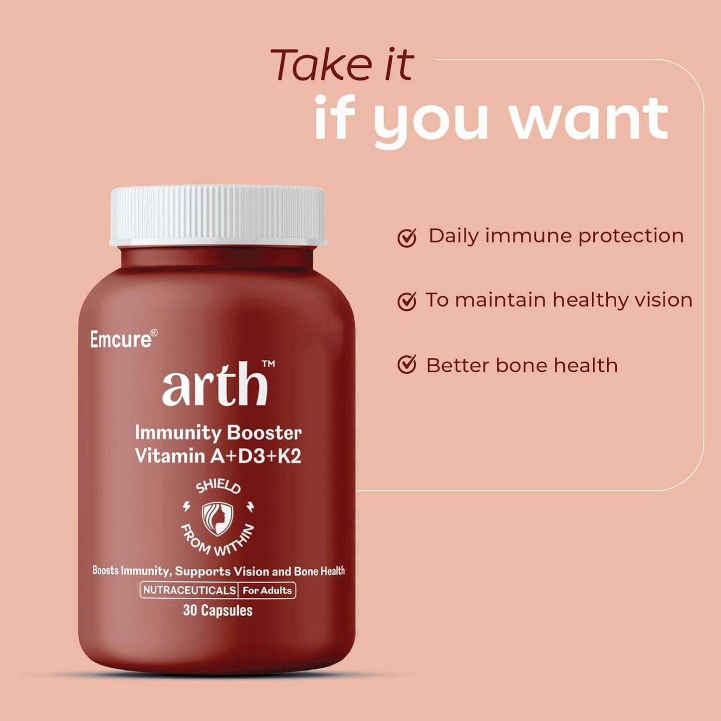 Arth Multivitamin Supplement | With Vitamins A, D3 & K2 | Daily Immunity & Bone Support | Enhances Energy, Skin & Eye Health | Complete Nutrient Balance for Overall Wellness | For Men & Women | 30 Veg Capsules