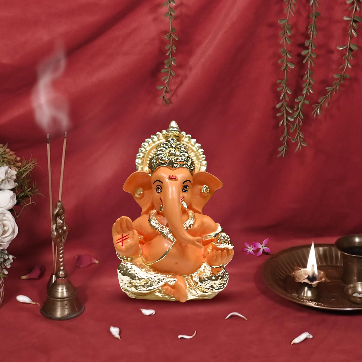 Gold Plated Ganesha Idol with Mango Terracotta Work - 3.5 Inch Height for Home Decor/Office Desk/Puja Room Sculpture, Infusing Positive Energy & Religious Gift (8.89 x 5.08 cm)(Mango Yellow)