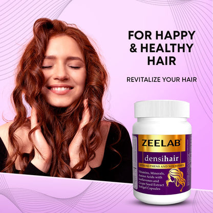 Woman with long hair and Zeelab densihair supplement bottle on a purple background