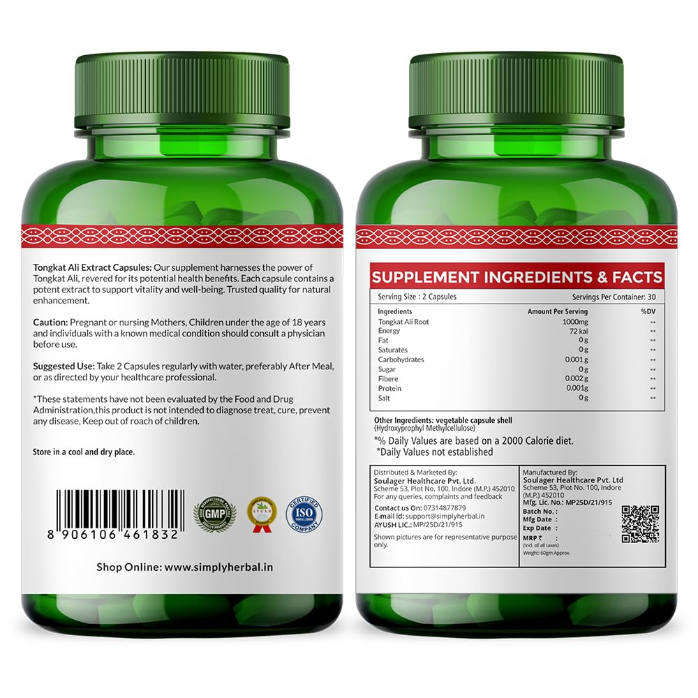 Simply Herbal Tongkat Ali root extract powder 1000mg | Enhanced testosterone level, Stamina and Stress tolerance 60 Veg Capsules