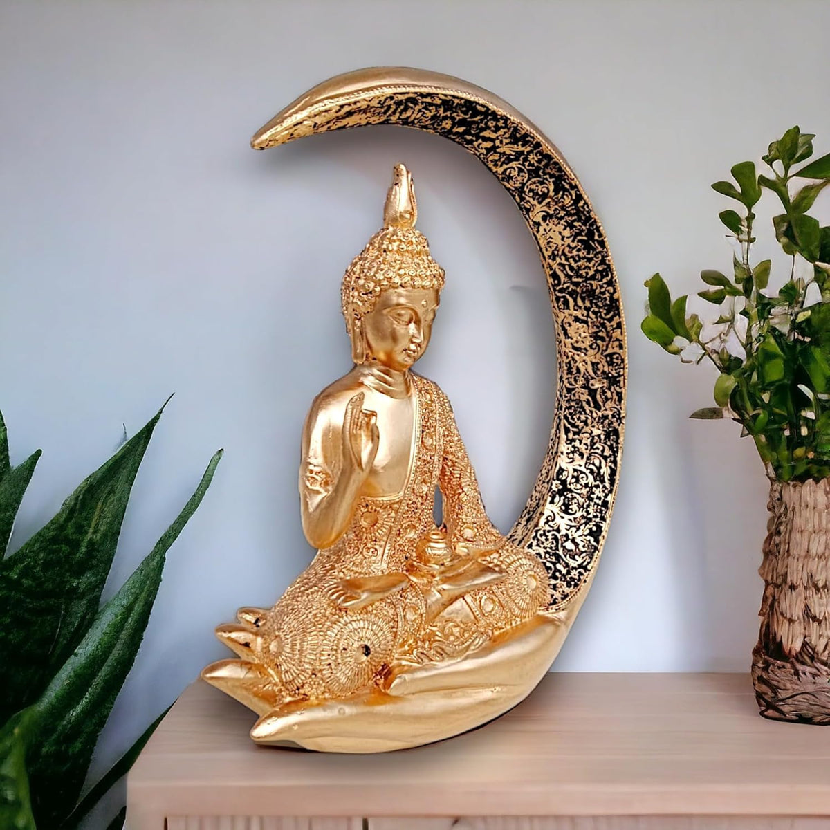 Big Meditating Moon Buddha Statue Showpiece Gold Finish | Spiritual Home Decor Idol for Living Room Meditation Table Office Shelf | Peaceful Zen Figurine Gift for Home Temple