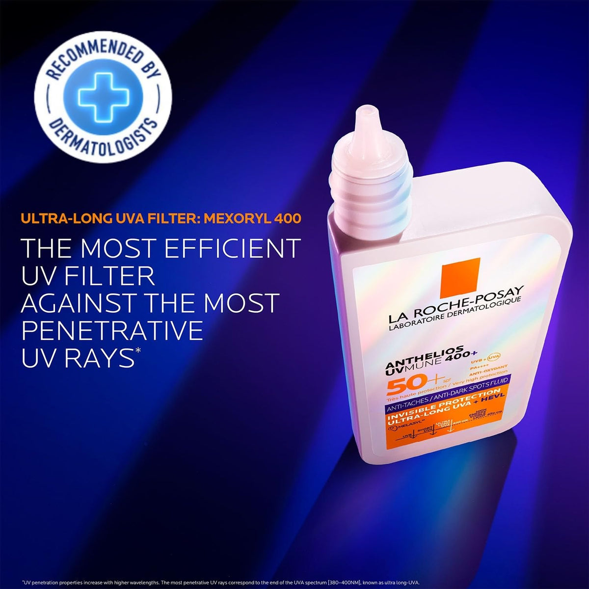La Roche-Posay sunscreen bottle with text on a blue background