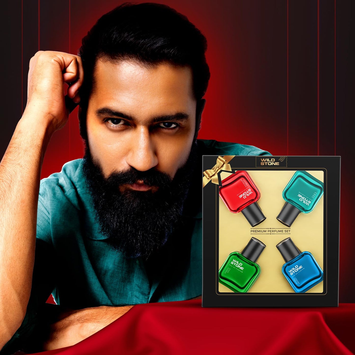 Man with a beard looking at a display of colorful nail polish bottles on a red background