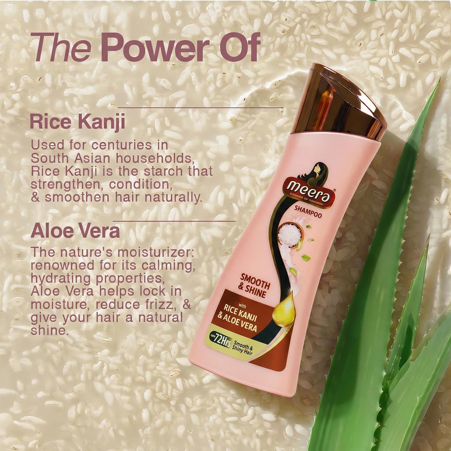 Meera Smooth & Shine Shampoo with Rice Kanji & Aloe Vera | Up to 72 Hours Smooth & Shiny Hair | Nourishes & Softens Hair | Suitable for Men & Women | 180ml