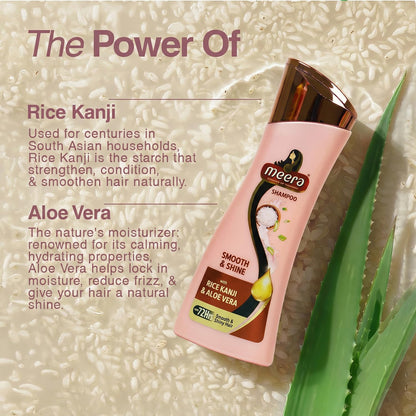 Meera Smooth & Shine Shampoo with Rice Kanji & Aloe Vera | Up to 72 Hours Smooth & Shiny Hair | Nourishes & Softens Hair | Suitable for Men & Women | 180ml