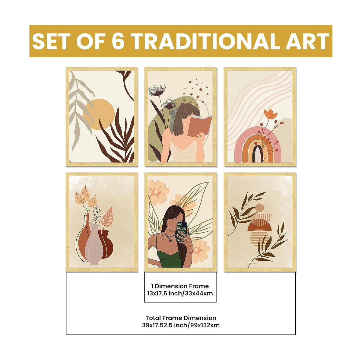 Boho Portrait & Abstract Framed Painting Wall Art Set of 6 | Modern Feminine, Botanical & Rainbow Prints | Soft Neutral Tones | Engineered wood Frame Wall Décor, (Size: A3)