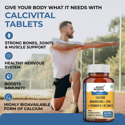 Person exercising outdoors with a bottle of Calcivital tablets in the foreground.
