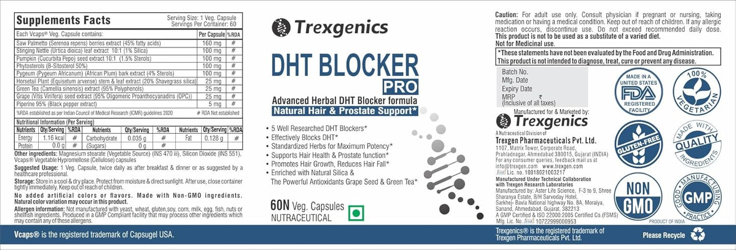 Label of Trexgenics DHT Blocker Pro supplement with branding and certification logos.