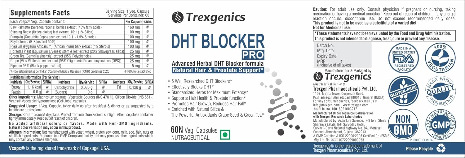 Label of Trexgenics DHT Blocker Pro supplement with branding and certification logos.
