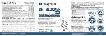 Label of Trexgenics DHT Blocker Pro supplement with branding and certification logos.
