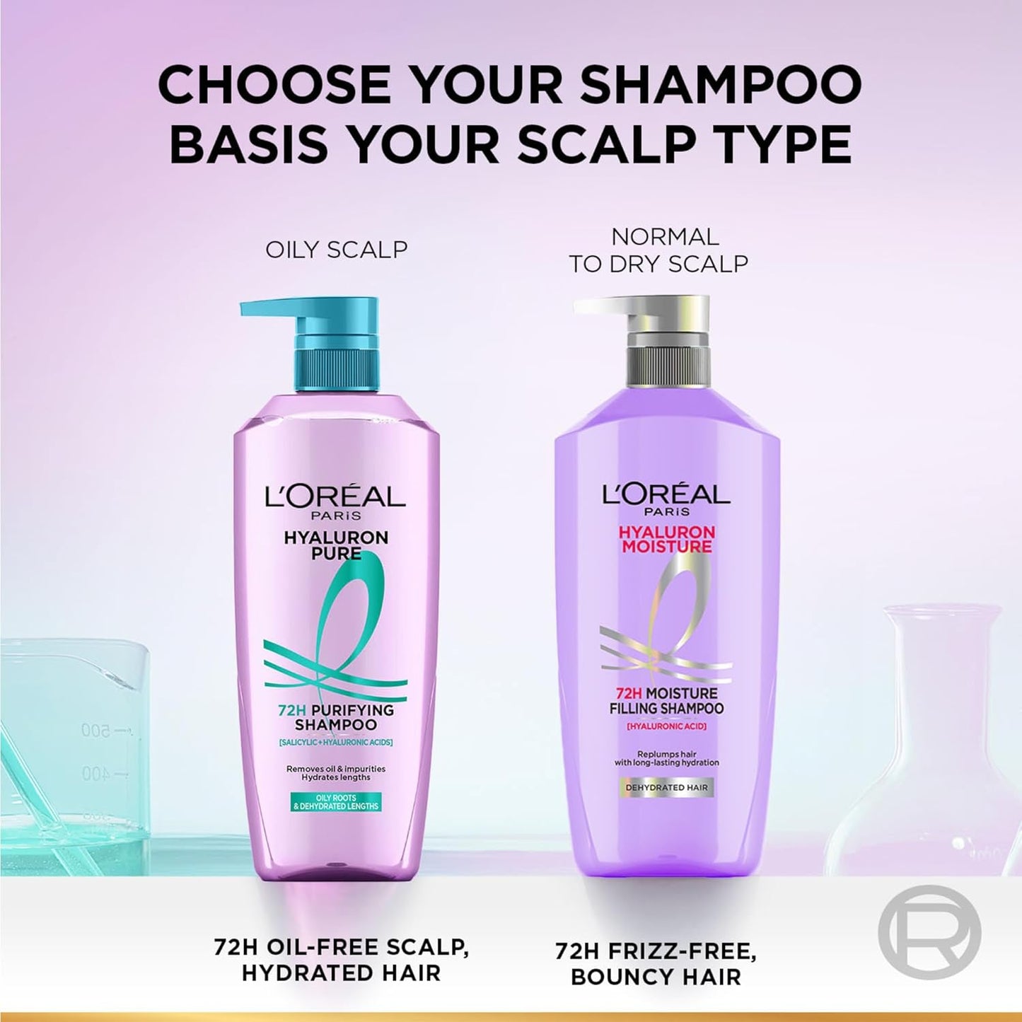 L'Oreal shampoo bottles for oily and normal to dry scalps on a light purple background