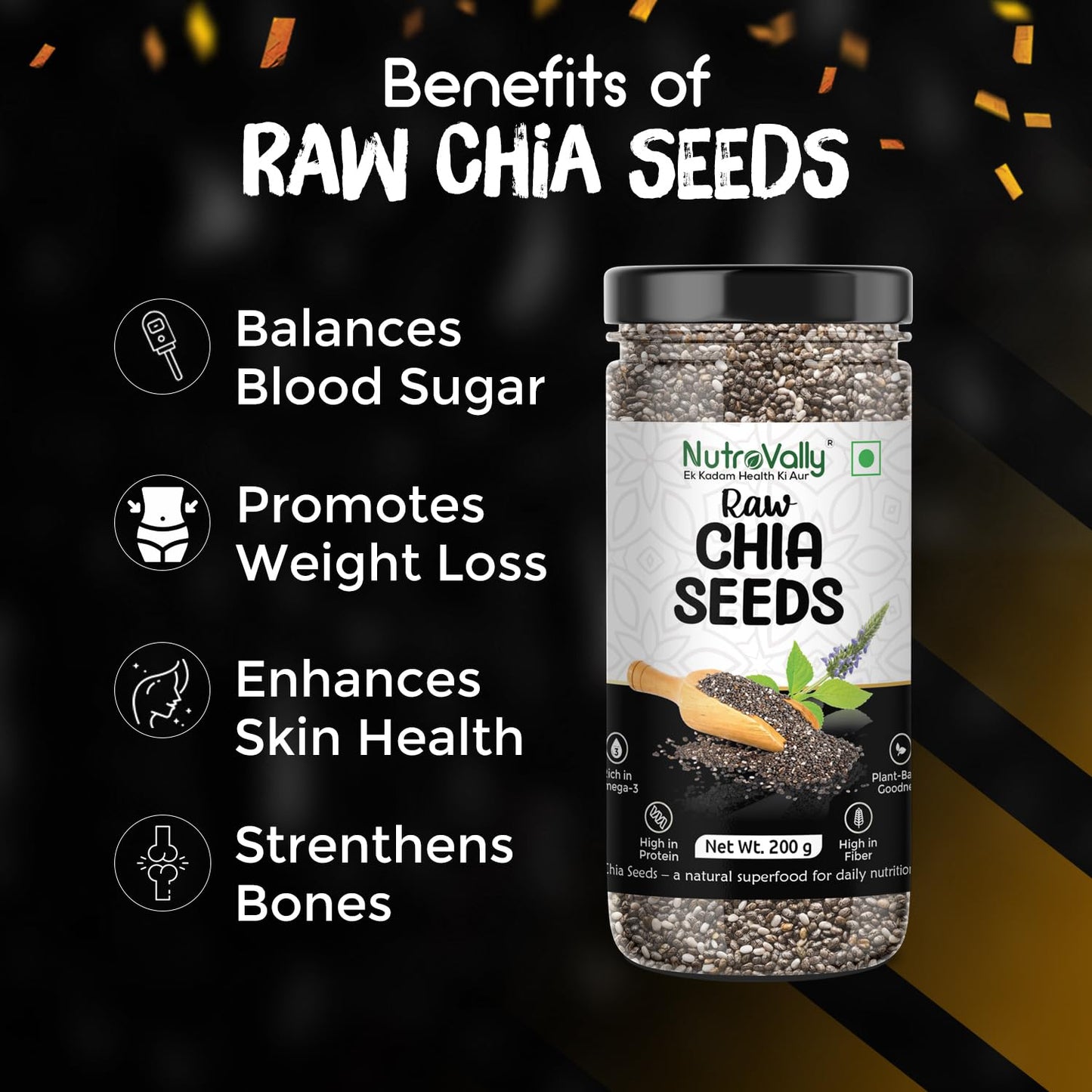 NutroVally Chia Seeds |Help for weight loss|Rich in Omega-3, Calcium, Protein, Fiber & Antioxidants| chia seeds| Healthy Snack for Immunity & Digestion |chia Seed for skin glow|Edable seeds