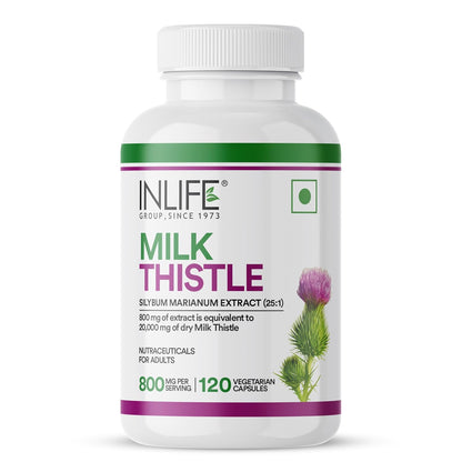 INLIFE Milk Thistle Extract 800mg | 80% Silymarin Liver Support Supplement - 120 Vegetarian Capsules (Pack of 1)