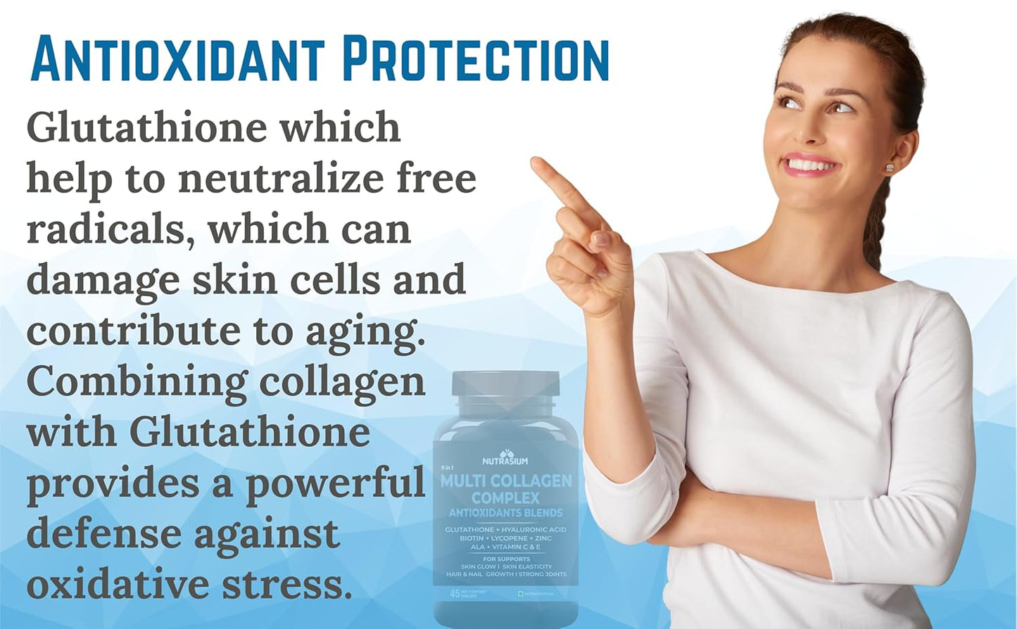 Nutrasium Multi Collagen Complex with Hyaluronic acid, Zinc, Vitamin C & E | For Skin Radiance, Soft & Firm Skin | Reduce Wrinkle | Strong Hair, Nail, Joints | 45 Tablets Chocolate Flavour