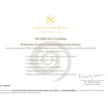 Be Bodywise 5% AHA Lactic Acid Body Lotion with 48Hr Moisturisation 200ml | Dermatologically Tested | Improves Skin Texture & Reduces Appearance of Strawberry Legs | With Lactic Acid, Aloe Vera & Cica Extract