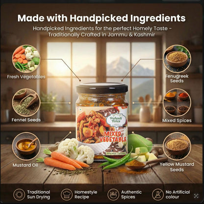 Pahadi Tales Mixed Vegetable Pickle 200g | Mix Veg Achar in Pure Mustard Oil | Sundried Homestyle Himalayan Achaar | Seasonal Sabziyon ka Achar | Traditional Recipe | Made in Jammu & Kashmir