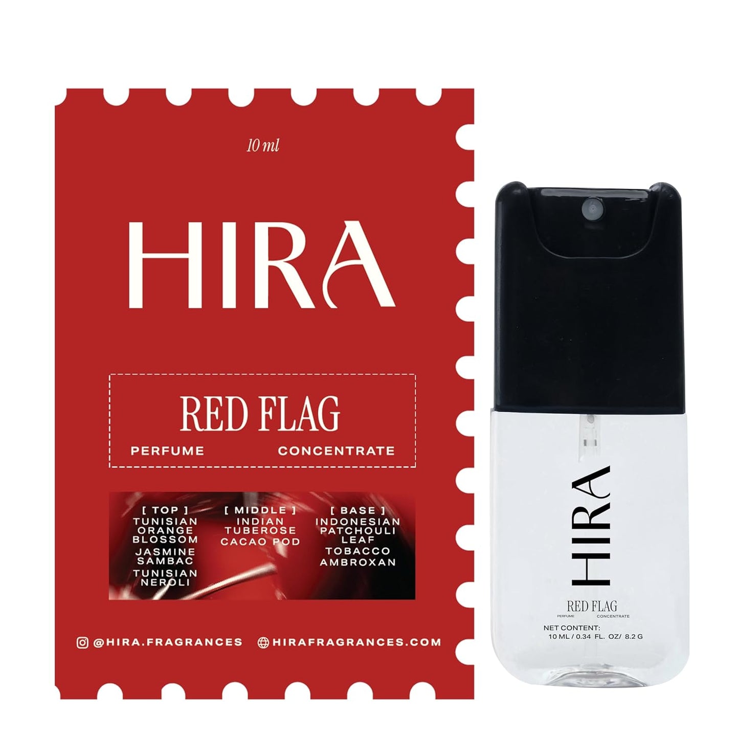 HIRA Red Flag perfume concentrate packaging and bottle on a white background