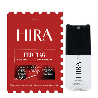 HIRA Red Flag perfume concentrate packaging and bottle on a white background