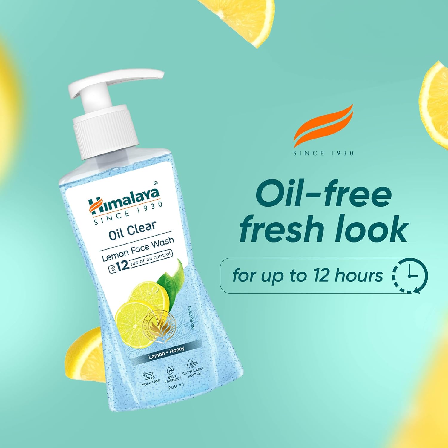 Himalaya Oil Clear Lemon Face Wash bottle with lemon slices on a light blue background
